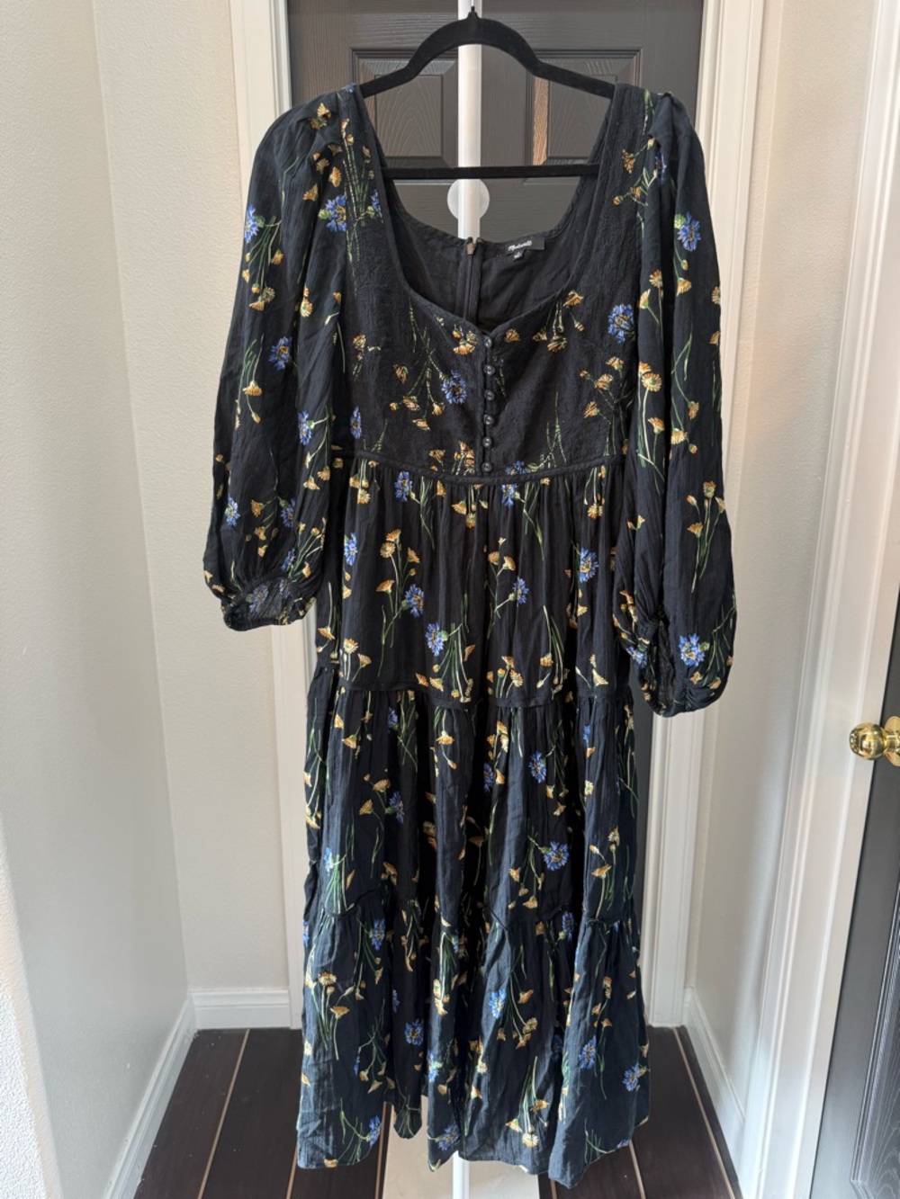 Madewell Black Tiered Midi Dress with Blue and Yellow Floral Print